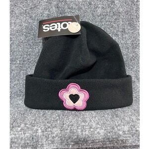 Totes Girls Black Fleece Beanie Hat Pink Flower Heart Embroidery Size 4-6X NWT